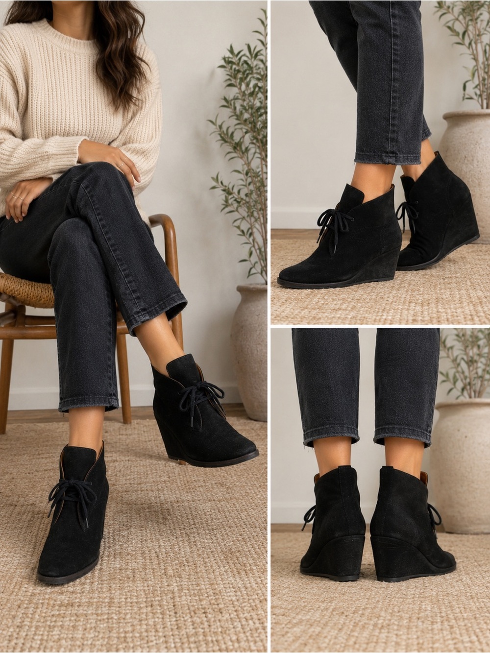 See By Chloe Black Suede Lace-Up Wedge Ankle Boots